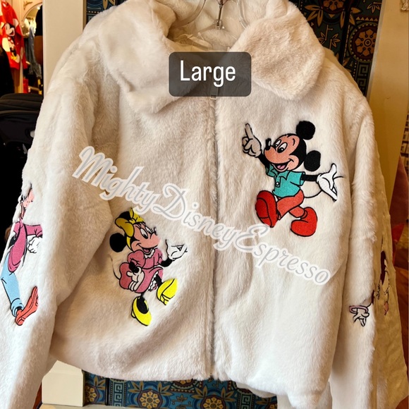 Disney Parks Disneyland Mickey & Friends embroidered Cream Faux Fur jacket large - Picture 1 of 3